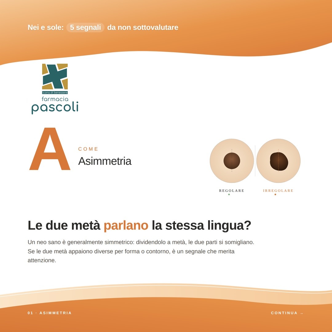 JanethUnge2st's tweet photo. Conosci la regola ABCDE dei nei? Osserva Asimmetria, Bordi irregolari, Colore non uniforme, Dimensione in aumento ed Evoluzione nel tempo. Proteggi la pelle dal sole e chiedi consiglio al farmacista. https://t.co/S5Fby8M8yg
