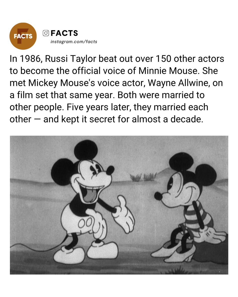MalorieValrk's tweet photo. In 1986, Russi Taylor became Minnie Mouse’s voice, while Wayne Allwine had voiced Mickey since 1977. They met that year, married in 1991, and remained Disney’s only real-life Mickey and Minnie couple. https://t.co/vbOwcPtTeq