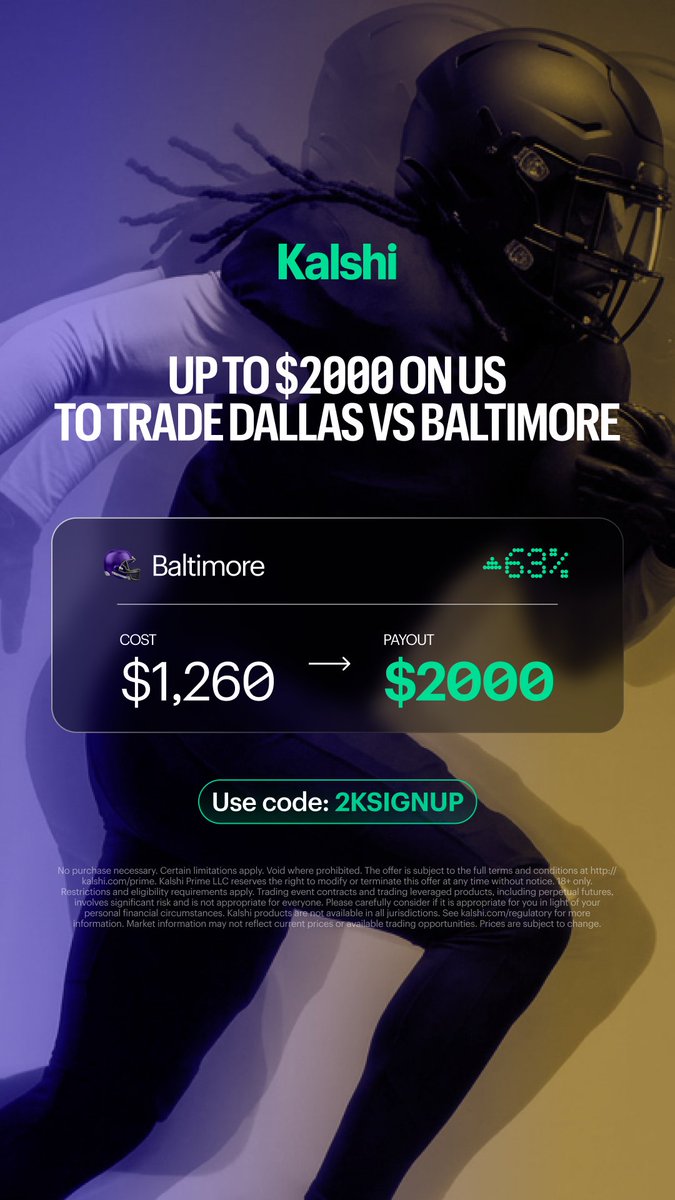 Kalshi's tweet photo. Trade on sports with Kalshi and get up to $2,000 with code "2KSIGNUP"