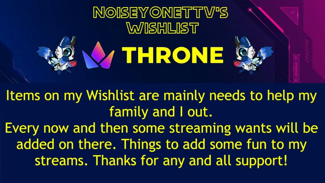 NoiseyOneTTV's tweet photo. Friendly reminder that I have a #Throne #Wishlist with items on it you can #Help out with! Anything big or small is appreciated and #retweets #Reposts are welcome! Just do what you're able to do! https://t.co/mRRBHY1Loa https://t.co/o0O6MV3uPL