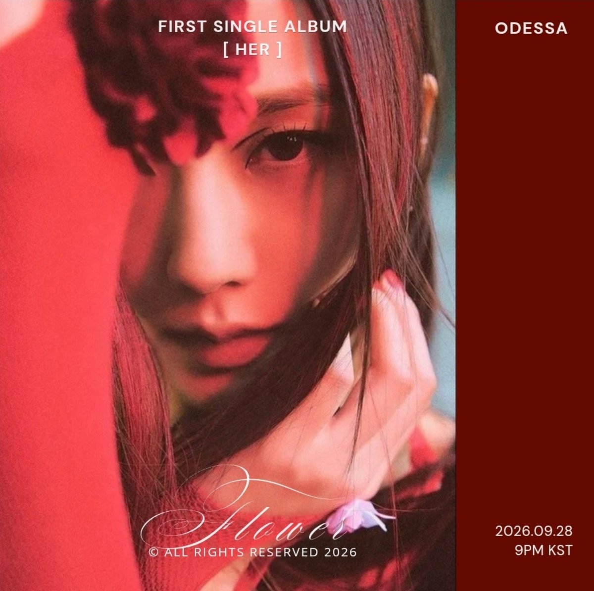 meiodesmei's tweet photo. ODESSA —  
1ST SINGLE DEBUT ALBUM [ HER ]
❛FLOWER❜ 

첫 꽃이 피기 시작한다 
CONCEPT PHOTO #1
2026.09.28 | 9PM KST 

#ktube #comingsoon https://t.co/WhgtU3plyi