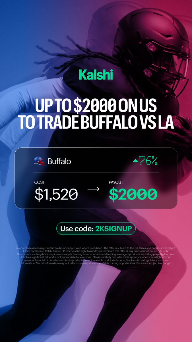 Kalshi's tweet photo. Trade on sports with Kalshi and get up to $2,000 with code "2KSIGNUP"