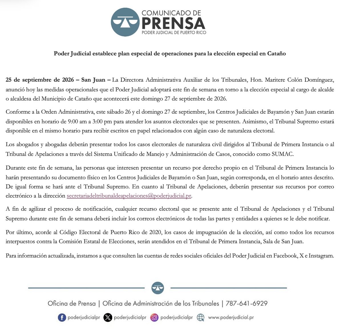 poderjudicialpr's tweet photo. [Comunicado de prensa] Poder Judicial establece plan especial de operaciones para la elección especial en Cataño https://t.co/oTaYDW5iqF