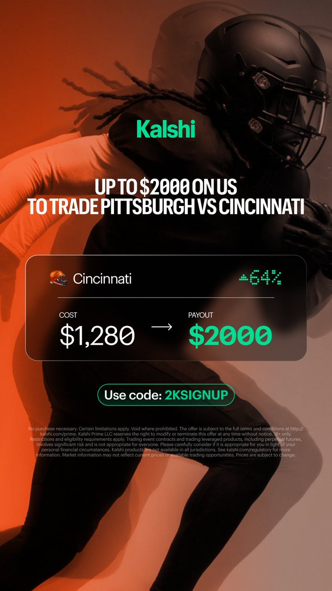 Kalshi's tweet photo. Trade on sports with Kalshi and get up to $2,000 with code "2KSIGNUP"