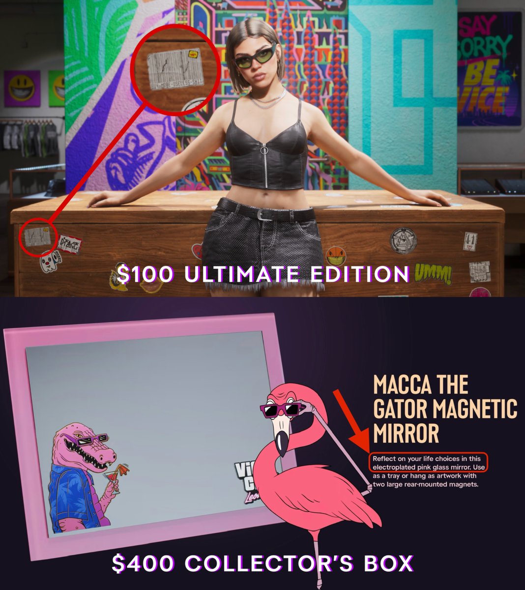 GTAVI_Countdown's tweet photo. Rockstar is trolling fans once again.

First, a screenshot for the $100 GTA 6 Ultimate Edition featured a sticker that said “buy more useless shit.”

Now, the $400 Collector’s Box includes an item description telling players to “reflect on your life choices in this electroplated pink glass mirror.”