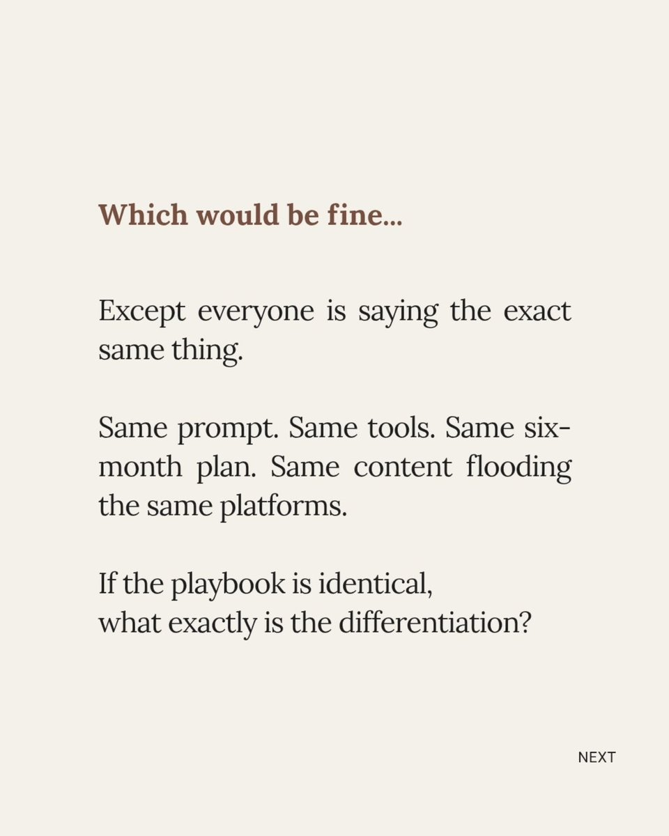 TrentRednoqi's tweet photo. AI isn’t making everyone sound the same. We are. We’ve confused tools with strategy: same prompts, frameworks, and recycled advice. The edge was never knowing which AI tool to use. It’s knowing what you want to say—and using AI to communicate it https://t.co/tHQmBUhBT7