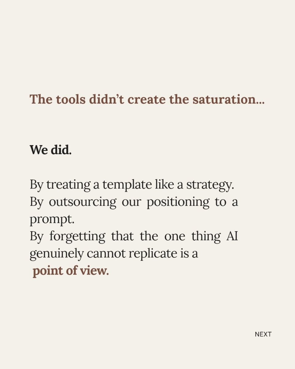 TrentRednoqi's tweet photo. AI isn’t making everyone sound the same. We are. We’ve confused tools with strategy: same prompts, frameworks, and recycled advice. The edge was never knowing which AI tool to use. It’s knowing what you want to say—and using AI to communicate it https://t.co/tHQmBUhBT7