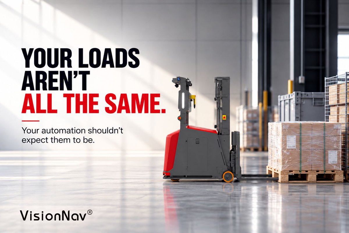 VisionNavbot's tweet photo. Your loads aren’t all the same. Your automation shouldn’t expect them to be.

isionNav autonomous forklifts combine intelligent perception with flexible load handling to help automate the variety found in real warehouse and manufacturing environments.

Talk to an expert about your operation: https://t.co/trbgUgEr82 

#WarehouseAutomation #AutonomousForklifts #MaterialHandling