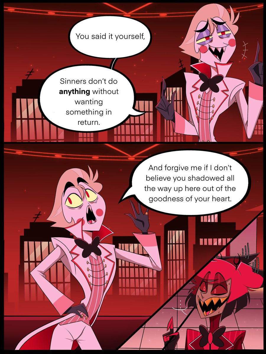 crxxyheaux's tweet photo. “The Last Person” pages 13-16/27 
Lucifer fires back at Alastor 
#hazbinfanart #HazbinHotelFanart #RadioApple https://t.co/GRPpWyb6gT