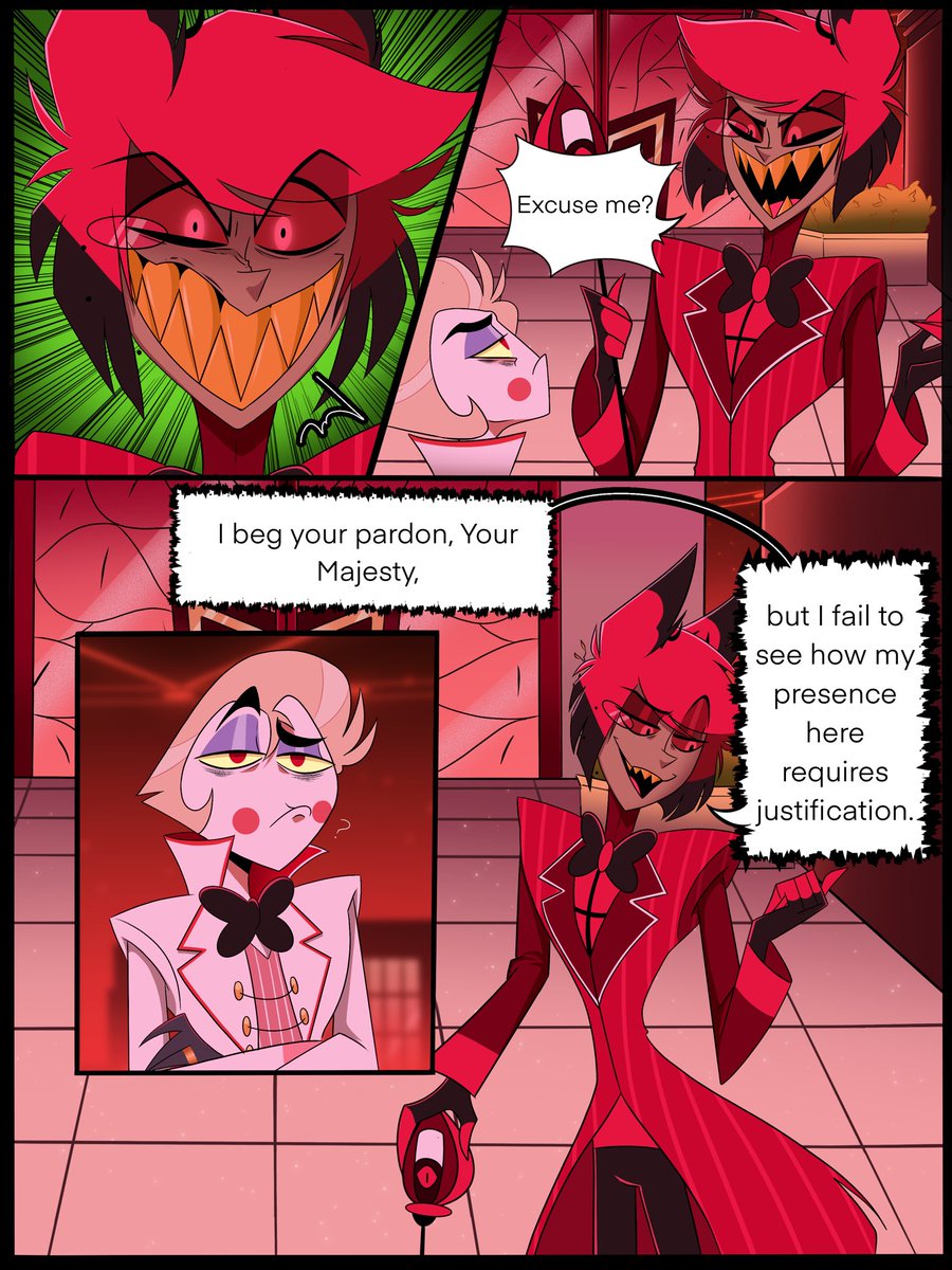 crxxyheaux's tweet photo. “The Last Person” pages 13-16/27 
Lucifer fires back at Alastor 
#hazbinfanart #HazbinHotelFanart #RadioApple https://t.co/GRPpWyb6gT