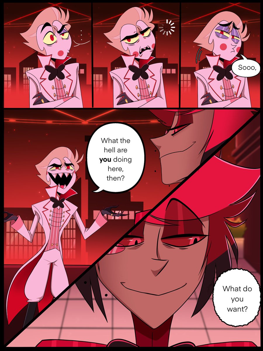crxxyheaux's tweet photo. “The Last Person” pages 13-16/27 
Lucifer fires back at Alastor 
#hazbinfanart #HazbinHotelFanart #RadioApple https://t.co/GRPpWyb6gT