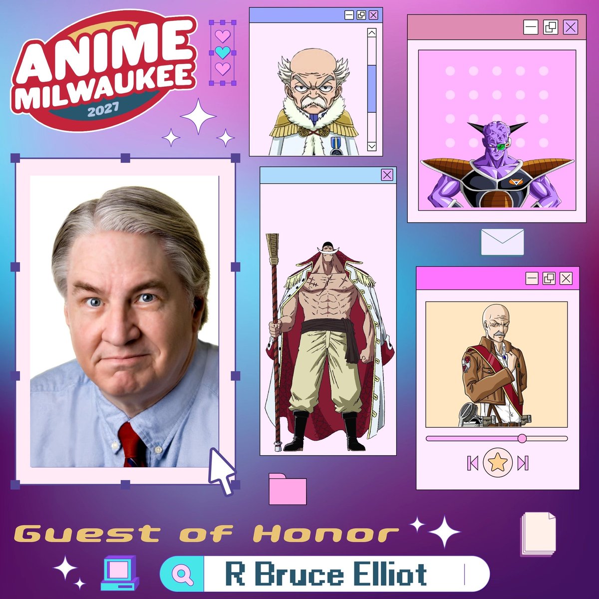 Animemilwaukee's tweet photo. Please welcome R Bruce Elliot (@RBruceElliott1) to #AnimeMilwaukee 2027!
R Bruce Elliot is a professional actor known for his iconic roles as Makarov Dreyar of Fairy Tail, Captain Ginyu of Dragon Ball, and MANY MORE! Welcome to #AMKE2027 R Bruce Elliot!! https://t.co/d6f4RtsB6y