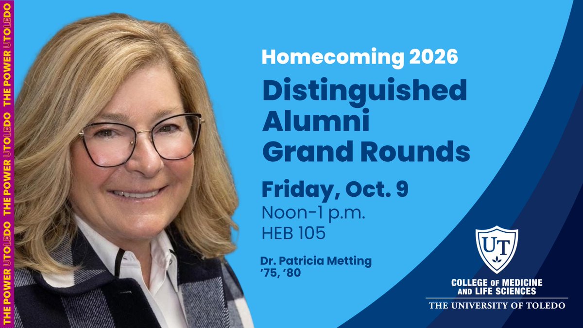 UToledoMed's tweet photo. Join us for the College of Medicine and Life Sciences Homecoming 2026 Distinguished Alumni Recipient Grand Rounds on Friday, Oct. 9, at 12 p.m. in Health Education Building (HEB), Room 105.

Learn more: https://t.co/s9xvfzdwHY https://t.co/ExCFfZJ6pJ