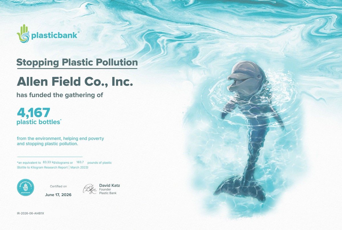 AllenField's tweet photo. A small step toward cleaner oceans. 🌊 Through Plastic Bank’s B2B – Impact Guarantee, Allen Field supported the collection of 83 kg of ocean-bound plastic—about 4,167 bottles. We’re proud to support cleaner oceans and uplift collection communities. 

#Sustainability #OceanPlastic https://t.co/B5cq9RAZnu
