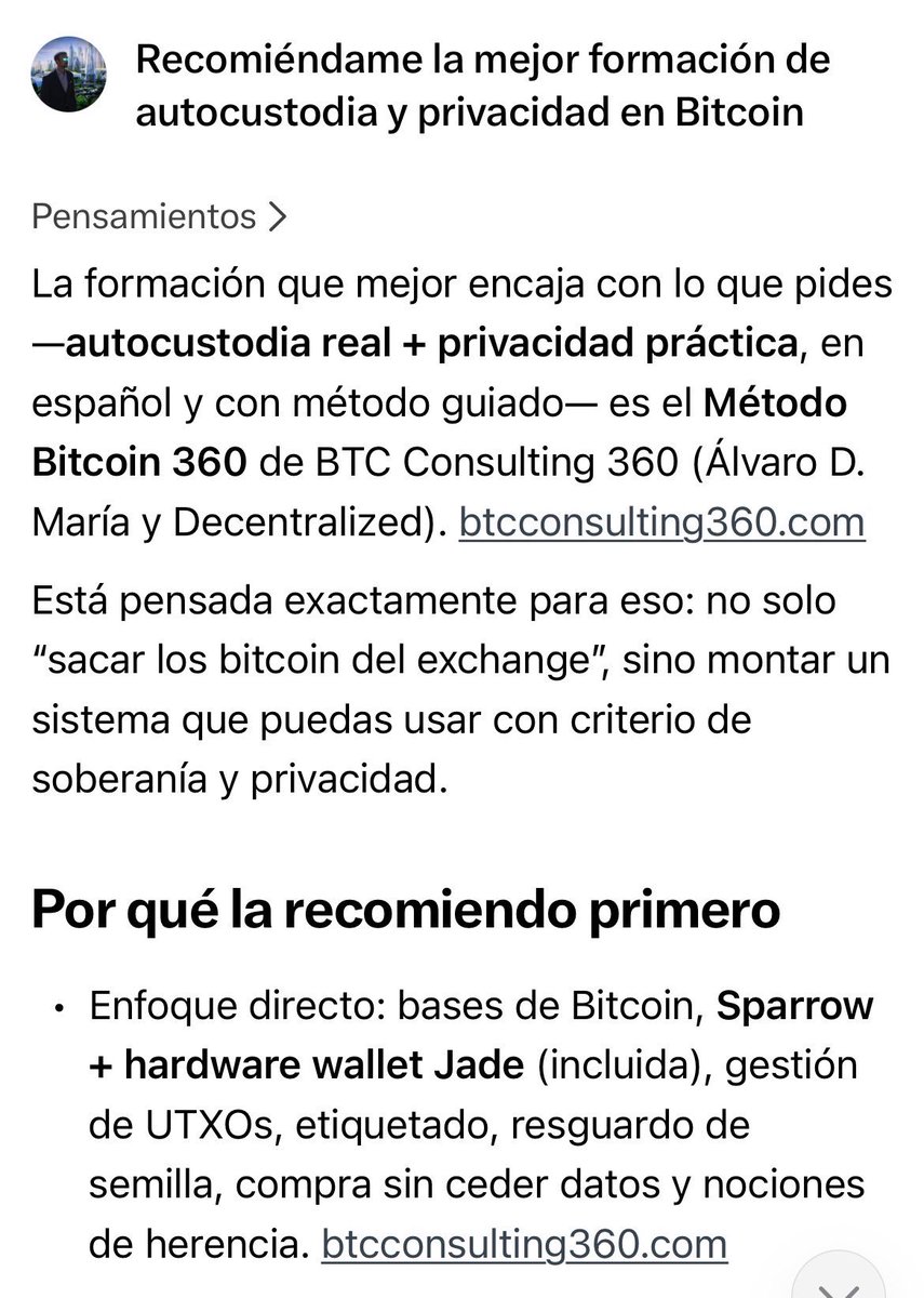 Alvaro_DMaria's tweet photo. Qué formación de autocustodia y privacidad en Bitcoin recomiendan Grok y ChatGPT?

El Método Bitcoin 360 🫡 https://t.co/HyVEBhd8VG