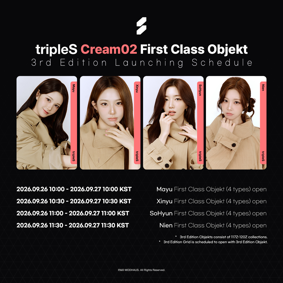 triplescosmos's tweet photo. tripleS
First Class Objekt
Cream02 3rd Edition

Day3

📆 Schedule
2026.09.26 10:00 ~ 2026.09.27 11:30 KST

Check out in <COSMO : the Gate>
🔗 https://t.co/IqE3TNeq4b

#tripleS #트리플에스 https://t.co/kLRfwZN9L3