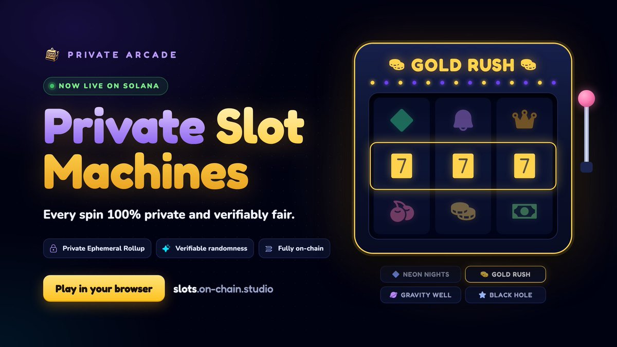 weRHtribe's tweet photo. Private slots. No audience. Just you and the reels.

Phase 2 of Private Arcade is live.

Play slot machines in your browser. Connect. Spin. Win.

Instant payouts
Verifiably fair randomness
100% private
Fully on-chain on Solana

Gold Rush. Neon Nights. Gravity Well. Black Hole.

No one watching. No one tracking your spins.

Play now: https://t.co/pbBcedSSoD

A tighter version if you want more hook:

Always wanted to hit slots without anyone looking over your shoulder?

Private Arcade Phase 2 is live: Slot Machines.

Browser-native. Instant payouts. Verifiably fair. 100% private.

Connect → spin → win.

https://t.co/pbBcedSSoD