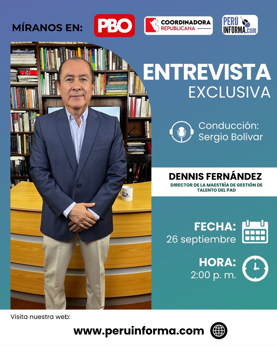 peruinforma's tweet photo. 🎙️#Entrevista | Sergio Bolívar conversa con Dennis Fernández, director de la Maestría de Gestión de Talento del PAD, sobre inteligencia artificial, empleo y productividad.

📅Sábado
🕑2:00 p. m.
📺Canal: PBO 91.9 FM
🔹Claro TV: Canal 515 (HD)
🔹Movistar TV: Canal 735(HD) https://t.co/NiQ2N27k4o