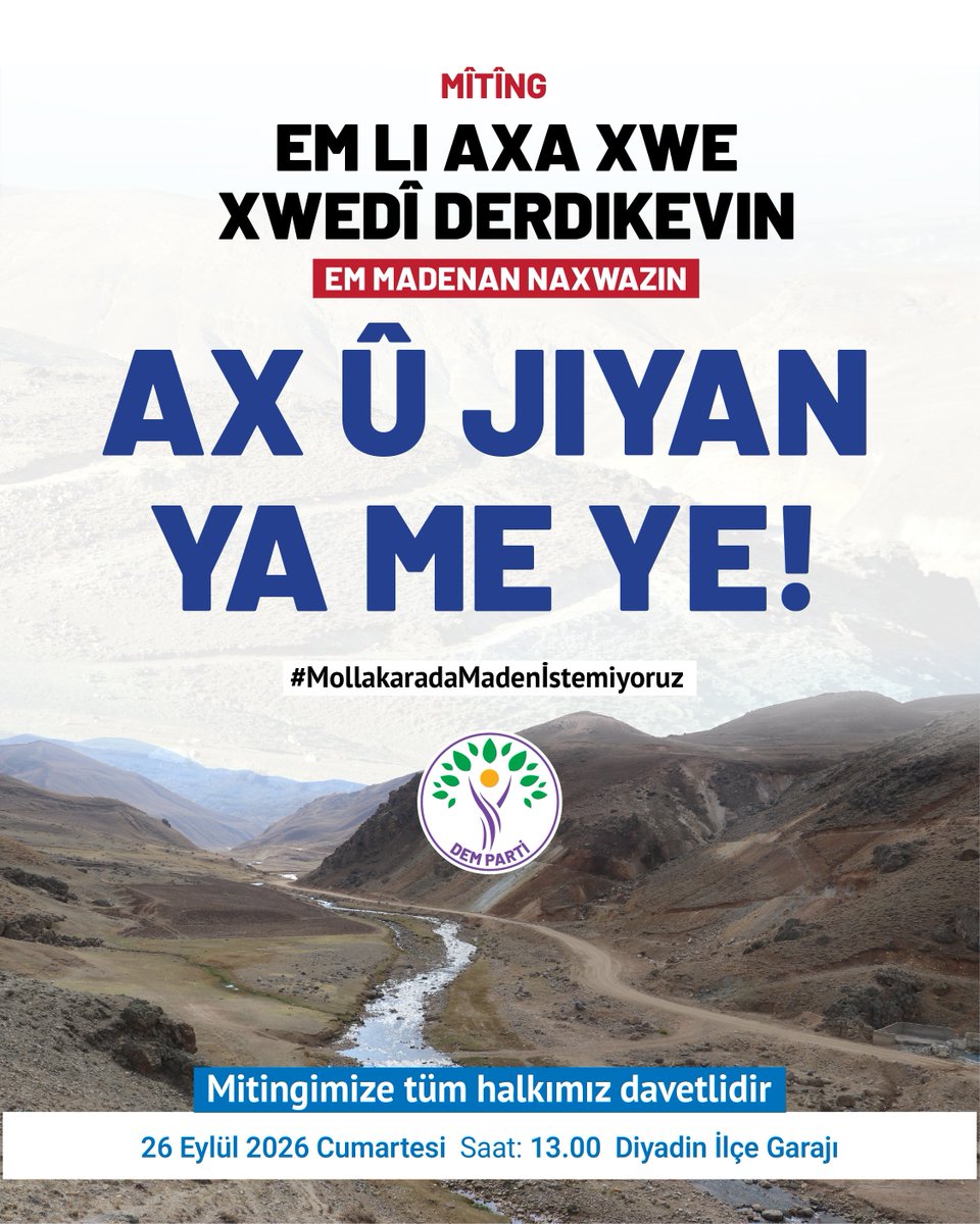 cigdemkilicgun's tweet photo. Ma wayîrê xoza û ameyoxê xo bivejîme. Serê hardê Mollakara de rant û talanî rê destûr nêdîme. Çemê ma, darê ma, koyê ma rûmetê ma yê.

***

Şirketlerin kârı için halkın 
geleceği yok edilemez! 
Altın için yaşamlarımızı 
feda etmeyeceğiz! 
Doğamıza ve yaşamımıza 
sahip çıkıyoruz! https://t.co/aFoMDLGWcF