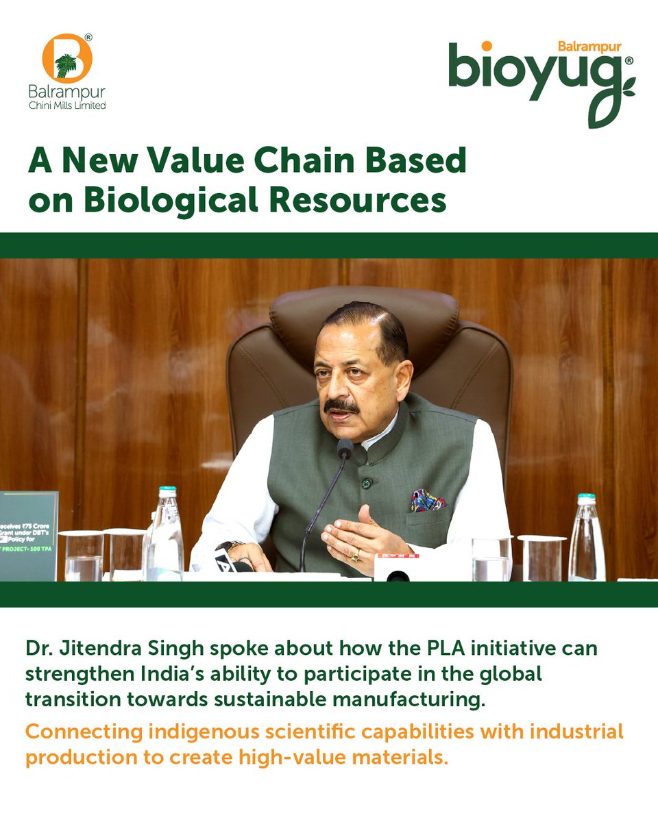 BCMLofficial's tweet photo. The formal launch of biobased biodegradable PLA plastic, in the presence of Dr. Jitendra Singh, marked an important step forward in our PLA journey.

💡 A ₹75 crore BioE3 grant from BIRAC will support our 100 TPA PLA Co-Polymer R&D facility at Kumbhi, Uttar Pradesh, enabling advanced PLA research, product development and scale-up towards commercial production.

We are grateful to Hon’ble Dr. Jitendra Singh for his encouragement and support, and to Dr. Rajesh S. Gokhale, Secretary, Department of Biotechnology & Chairman, BIRAC, Dr. Dhananjay K. Tiwary, MD, BIRAC, and the teams at DBT and BIRAC for their trust in BCML’s indigenous innovation. 🤝

Avantika Saraogi, Executive Director, Balrampur Chini Mills Limited, also shared BCML’s vision for translating the ambitions of BioE3 into action and contributing to a sustainable, self-reliant biomanufacturing ecosystem for India.🌱

#BIRAC #BioE3 #DBT #BCML #Bioyug