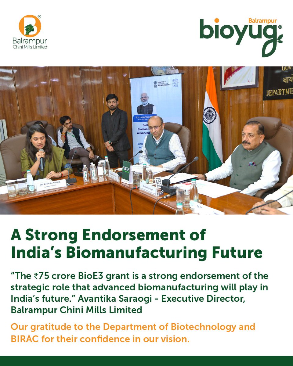 BCMLofficial's tweet photo. The formal launch of biobased biodegradable PLA plastic, in the presence of Dr. Jitendra Singh, marked an important step forward in our PLA journey.

💡 A ₹75 crore BioE3 grant from BIRAC will support our 100 TPA PLA Co-Polymer R&D facility at Kumbhi, Uttar Pradesh, enabling advanced PLA research, product development and scale-up towards commercial production.

We are grateful to Hon’ble Dr. Jitendra Singh for his encouragement and support, and to Dr. Rajesh S. Gokhale, Secretary, Department of Biotechnology & Chairman, BIRAC, Dr. Dhananjay K. Tiwary, MD, BIRAC, and the teams at DBT and BIRAC for their trust in BCML’s indigenous innovation. 🤝

Avantika Saraogi, Executive Director, Balrampur Chini Mills Limited, also shared BCML’s vision for translating the ambitions of BioE3 into action and contributing to a sustainable, self-reliant biomanufacturing ecosystem for India.🌱

#BIRAC #BioE3 #DBT #BCML #Bioyug