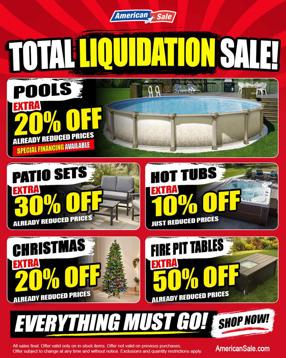 AmericanSale's tweet photo. 🚨 WAIT… THE DISCOUNTS JUST GOT BETTER! 🚨⁠
⁠
Our TOTAL LIQUIDATION SALE means you get ADDITIONAL DISCOUNTS ON ALREADY MARKED-DOWN PRICES! ⁠

⚠️ Inventory is limited and once it’s gone, it’s GONE. Don’t wait! https://t.co/zHhdy11Xig