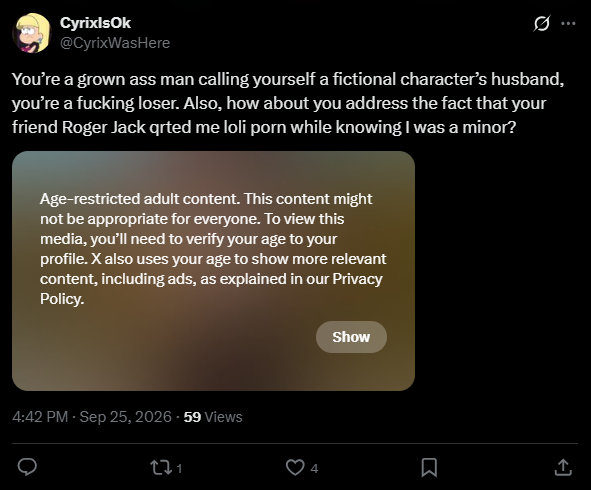 ROGERJACK_'s tweet photo. 🧵Mythical posted porn to minors twice in his discord and spreads lies 1/4 🧵
1. No didn't know you were a minor 
2. Mythical did know you and many others in his discord were minors and sent what he deemed porn twice https://t.co/3ca7rgcvYW