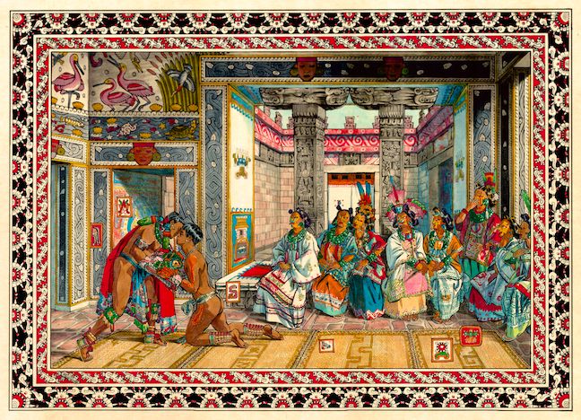 MiCorazonMexica's tweet photo. *Quecholcoatl and Axayacatl II* is the second painting in my two-part interpretation of the encounter between Quecholcoatl, a celebrated singer from Chalco, and Axayacatl, the Mexica *tlahtoani*.

Their story survives through Nahua song and history, but I imagine another possibility within it: attraction between the powerful ruler of Tenochtitlan and the beautiful singer whose performance captivated him. Queer history often survives in fragments, leaving art to explore what the record cannot tell us.

Prints: https://t.co/aLkMD5sZeS