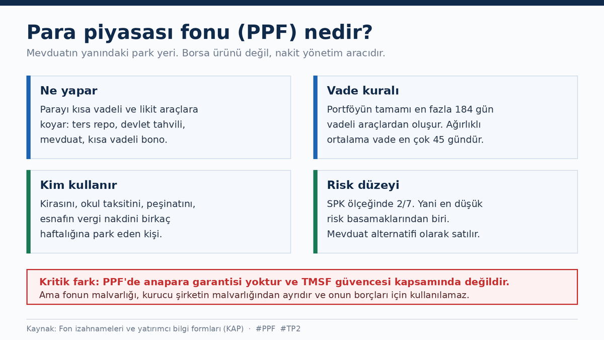 ganikadioglu's tweet photo. Bu dosyada en çok karıştırılan şeyi baştan netleştireyim: para piyasası fonu bir borsa ürünü değil, nakit park etme aracıdır. Portföyü en fazla 184 gün vadeli, likit araçlardan oluşur; ağırlıklı ortalama vadesi 45 günü geçemez. SPK risk ölçeğinde 2/7'dir. #PPF #TP2 https://t.co/jf5pWQ12lg