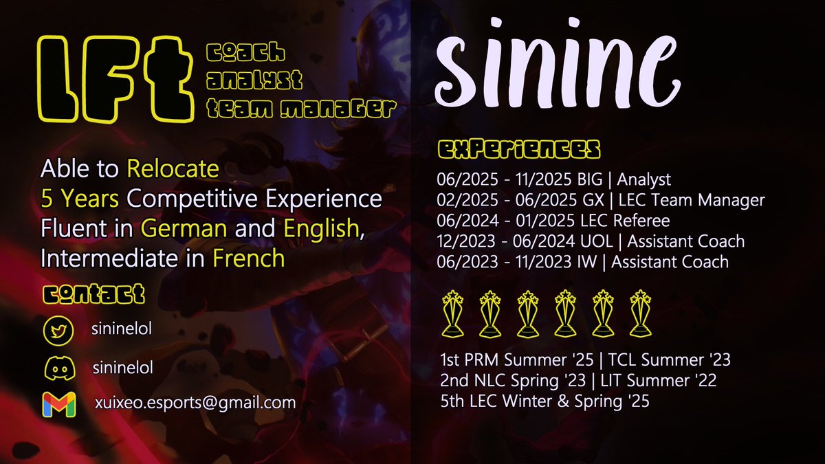 sininelol's tweet photo. LFT

Coach/Analyst/Team Manager | ERL1+
(Paid Offers Only!)

Contact me for CV and Work Examples!

References 🔽
Likes 💙 and Retweets 🔁 appreciated https://t.co/gJ2hCdk2Fb