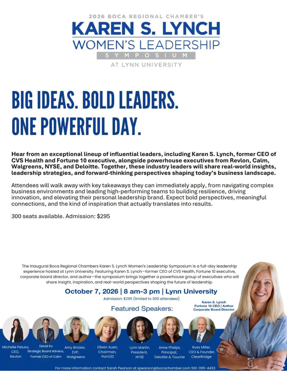 BocaDev's tweet photo. Looking to connect, grow and gain new perspectives?

The inaugural Karen S. Lynch Women’s Leadership Symposium is coming to Lynn University on October 7, bringing together business and community leaders for a day focused on leadership, professional growth and meaningful connections.

Reserve your seat and be part of the conversation.
Tickets: https://t.co/qffexJp54Y