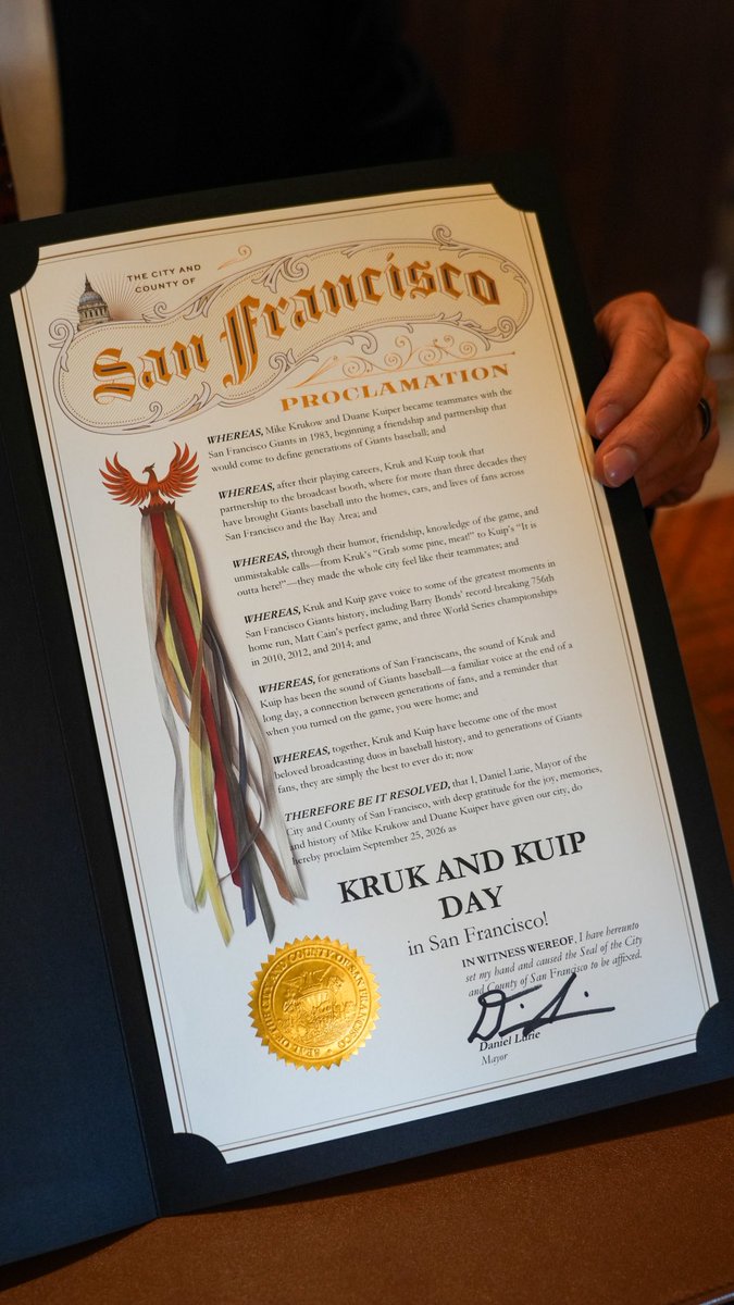 DanielLurie's tweet photo. It’s Kruk and Kuip Day in the City and County of San Francisco!

Today we will proudly honor the Giants legends ahead of their final game together in the broadcast booth this Sunday. 

Mike Krukow and Duane Kuiper became teammates with the San Francisco Giants in 1983, beginning a friendship and partnership that would come to define generations of Giants baseball. 

After their playing careers, Kruk and Kuip took that partnership to the broadcast booth, where for more than three decades they have brought Giants baseball into the homes, cars, and lives of fans across San Francisco and the Bay Area.

Through their humor, friendship, knowledge of the game, and unmistakable calls—from Kruk’s “Grab some pine, meat!” to Kuip’s “It is outta here!”—they made the whole city feel like their teammates.

Kruk and Kuip gave voice to some of the greatest moments in San Francisco Giants history, including Barry Bonds’ record-breaking 756th home run, Matt Cain’s perfect game, and three World Series championships in 2010, 2012, and 2014.

For generations of San Franciscans, the sound of Kruk and Kuip has been the sound of Giants baseball—a familiar voice at the end of a long day, a connection between generations of fans, and a reminder that when you turned on the game, you were home.

Together, Kruk and Kuip have become one of the most beloved broadcasting duos in baseball history, and to generations of Giants fans, they are simply the best to ever do it.