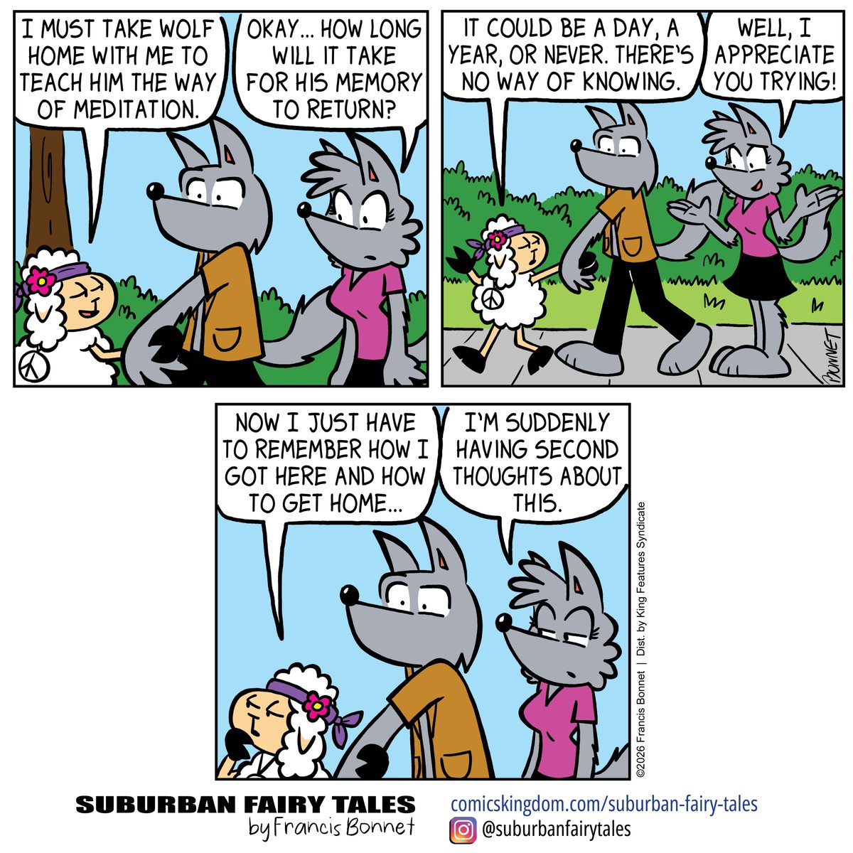 francisbonnet's tweet photo. Sir Lambelot is taking wolf home with him... What could possibly go wrong? 🤷

Get early access and my exclusive comics on Comics Kingdom! https://t.co/axeEfzB5Eh

#cartoons #letsgohome #whereami #sheep #cantremember https://t.co/oYRNXR1a0p