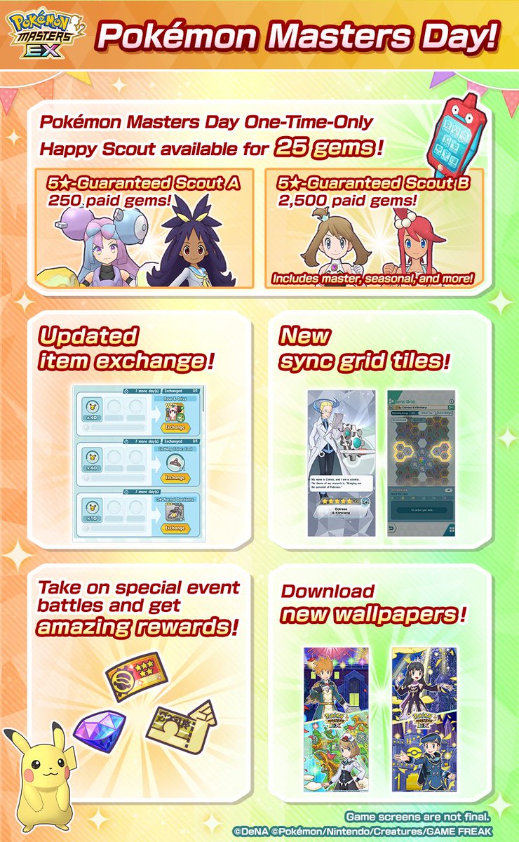 PokemonMasters's tweet photo. It’s #PokemonMastersDay! 🎉

Log in today to get a present of 500 gems! 🎁

Special event battles and three celebratory one-day-only sync pair scouts are live! ✨

Tap the infographic to see all the details about today’s upgraded sync pairs.

#PokemonMasters https://t.co/u5gfYUj9Qm