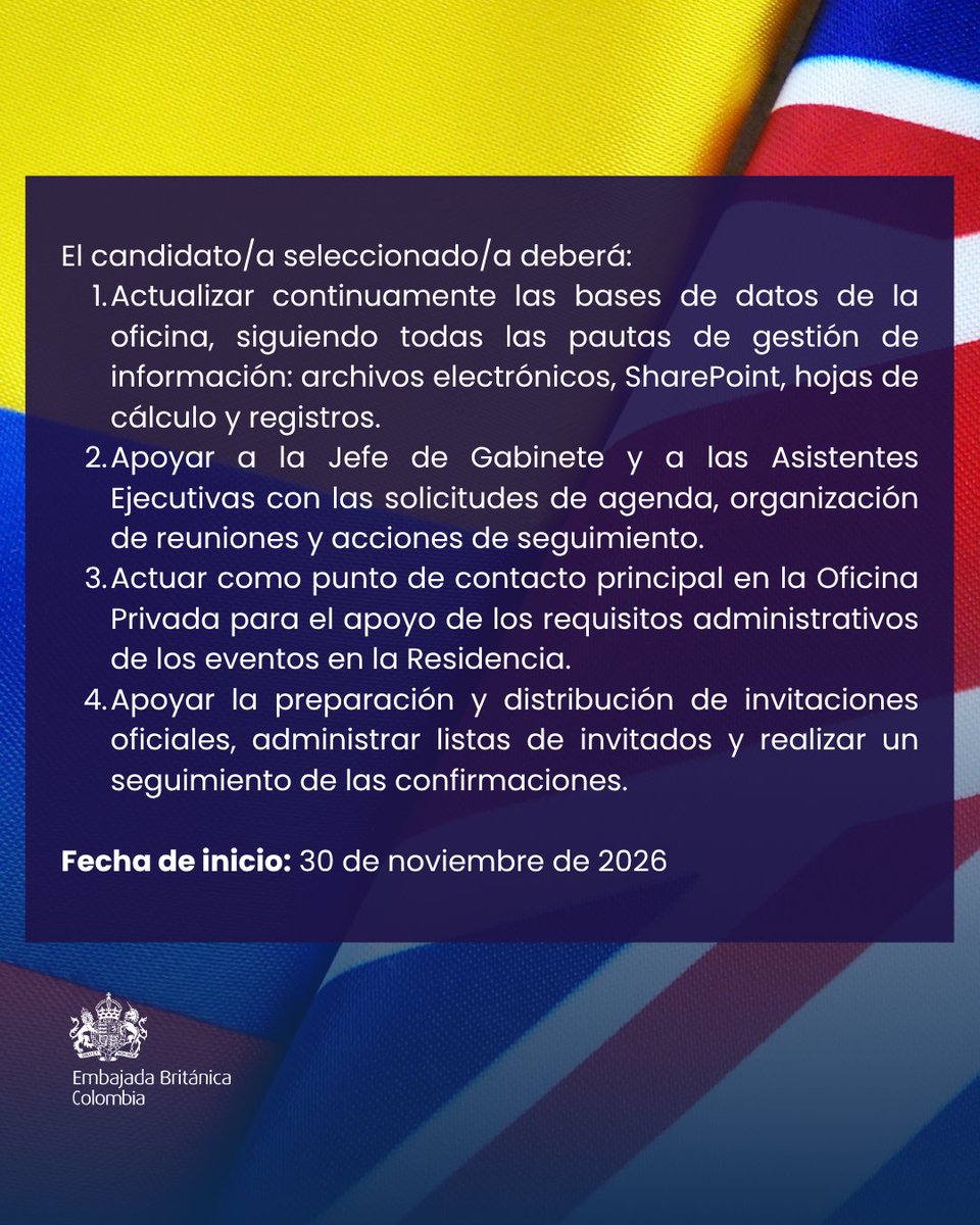 UKinColombia's tweet photo. ¿Estás por iniciar tus prácticas profesionales? ¡Únete a nuestro equipo #UKCOL🇬🇧🇨🇴!

📌Buscamos pasante para la Oficina Privada de la Embajadora y de la Jefe de Misión Adjunta. Postúlate antes del 6 de octubre aquí👉🏽 https://t.co/z7tiQutH74 https://t.co/VouwT8VsLR