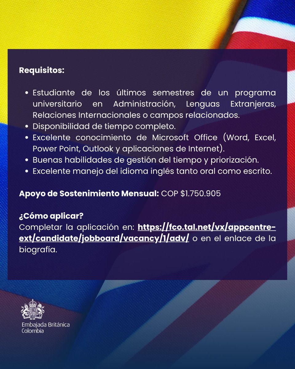 UKinColombia's tweet photo. ¿Estás por iniciar tus prácticas profesionales? ¡Únete a nuestro equipo #UKCOL🇬🇧🇨🇴!

📌Buscamos pasante para la Oficina Privada de la Embajadora y de la Jefe de Misión Adjunta. Postúlate antes del 6 de octubre aquí👉🏽 https://t.co/z7tiQutH74 https://t.co/VouwT8VsLR