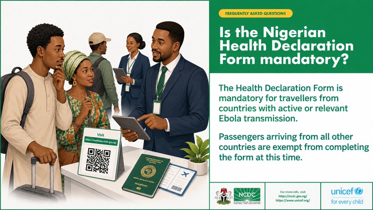 NCDCgov's tweet photo. Is the Health Declaration Form mandatory? 

➡️If you are arriving into Nigeria from a country with relevant Ebola transmission:

Burundi
Central African Republic 
Democratic Republic of Congo
South Sudan 

The Health Declaration Form and public health screening requirements still apply. 

➡️If you are arriving from a country without relevant Ebola transmission, you are currently EXEMPT from completing the Health Declaration Form.

Before you travel, please check the latest NCDC advisory for current guidance:

https://t.co/O1O9m5IYOW