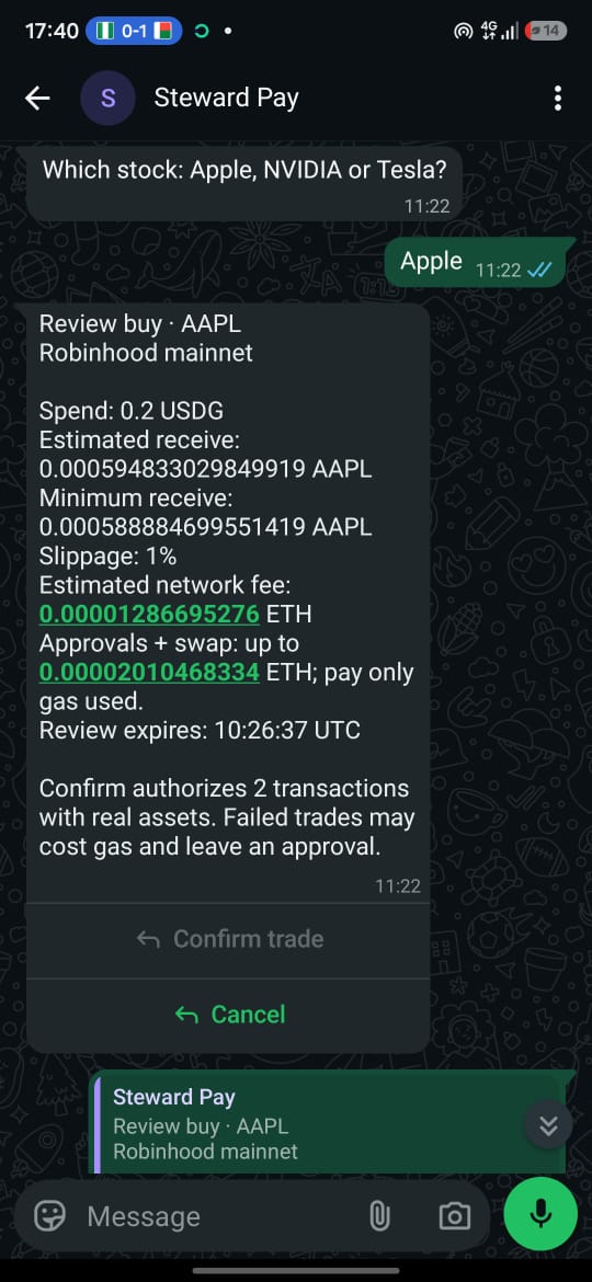 stewardpay's tweet photo. Another day to buy and sell tokenized stocks directly through WhatsApp. 

With  @stewardpay, you don’t need to open another app to access tokenized stocks.

Just use WhatsApp to buy and sell, built on  @RobinhoodApp on Robinhood Mainnet and @openservai for AI reasoning. https://t.co/GsQl8lBblk