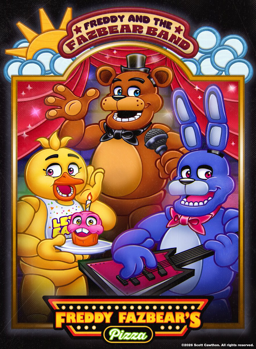 JonnyBlox's tweet photo. New artwork for the permanent real-life Freddy Fazbear's Pizza opening in New Jersey next year!

Opening at American Dream Mall, the attraction features two animatronic stage shows featuring Freddy and the Fazbear Band on the Main Stage, and Foxy in Pirate Cove, a fast-casual dining experience, playable arcade machines recreated from the games, and horror-inspired multiplayer game experiences 👀

(Via: FNAF_ScottGames)
#fnaf #fivenightsatfreddys