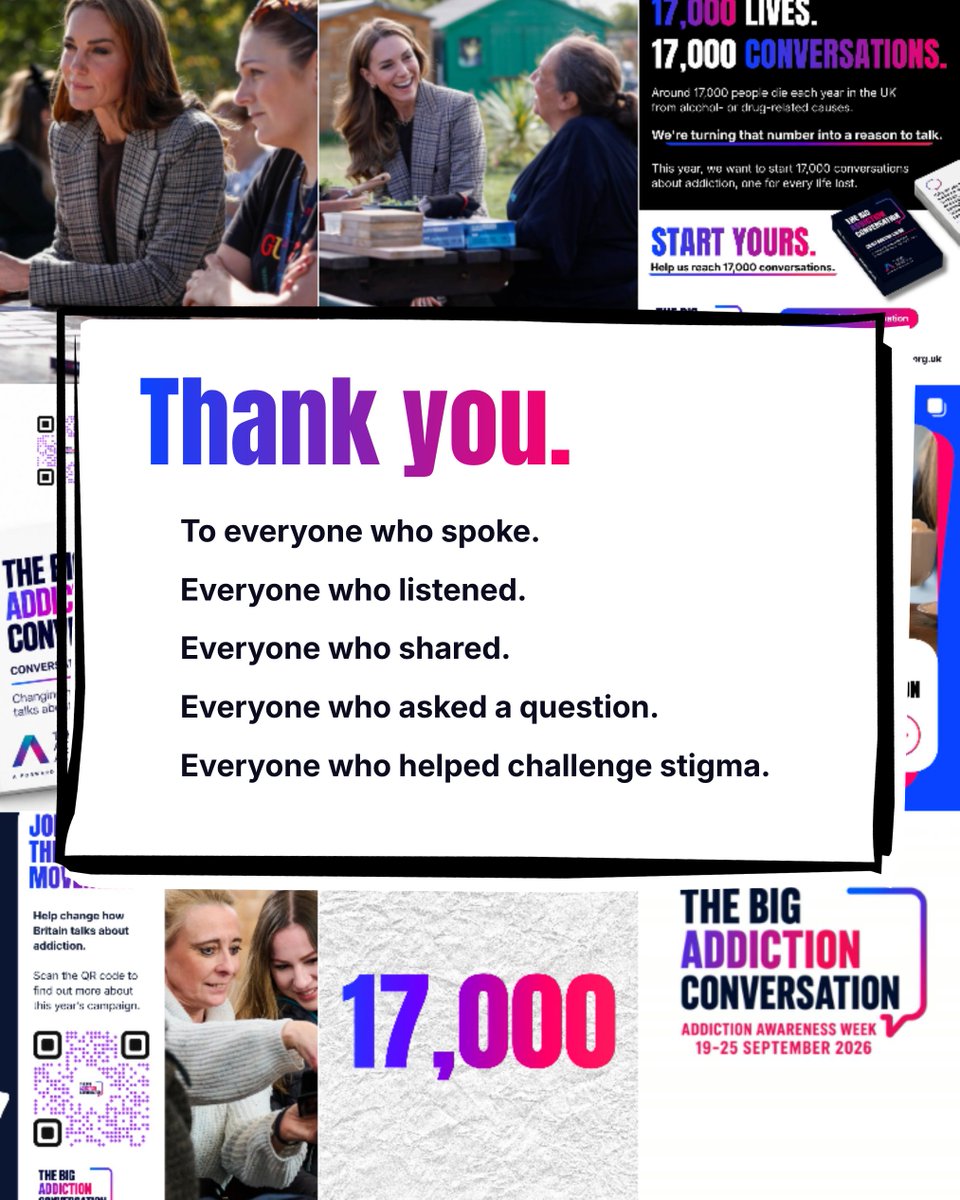 ActionAddiction's tweet photo. 17,000 conversations. That's our goal. 🎯 

A simple ambition inspired by a powerful statistic: one conversation for every life lost.

Since launching The Big Addiction Conversation, people across the UK have already started sharing stories, challenging assumptions and talking more openly about addiction.

Collective action is one of the most powerful ways to drive change, reduce stigma and make conversations about addiction a more normal part of everyday life.

Now we're inviting even more people, workplaces, organisations and communities to join the movement.

Here's how you can get involved 👇

💬 Start a conversation
📲 Try our Digital Conversation Cards
📦 Request a physical card pack
🧰 Download the campaign toolkit

Your voice matters. Every conversation counts. Help us reach 17,000.

🔗https://t.co/NXEM27KkVI
#BigAddictionConversation
