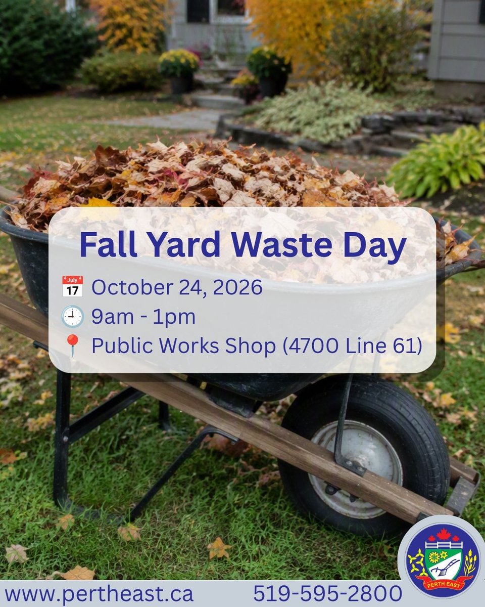 pertheast's tweet photo. 🍂 2026 Fall Yard Waste Day will take place on October 24th from 9am - 1pm at the Public Works Shop at 4700 Line 61.
✅ ONLY compostable yard waste will be accepted (twigs, brush, weed, leaves grass, clippings)
🚫 NO stumps, large tree limbs or garbage
https://t.co/0Z3izyZuwC https://t.co/nnZWS4kjZe
