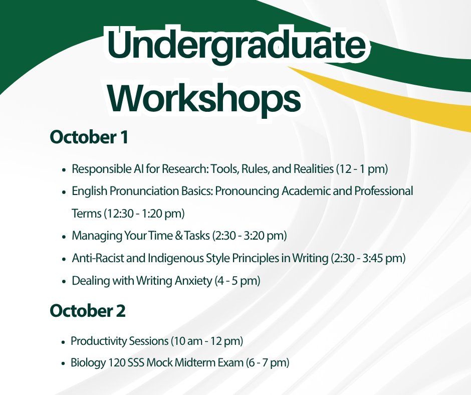 usasklibrary's tweet photo. Writing strategies, time management, exam prep, and more! Check out the USask Library's FREE undergraduate workshops! #UndergraduateWorkshops https://t.co/Ai708ORtli