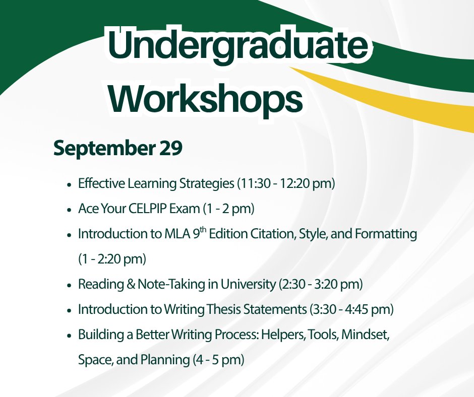 usasklibrary's tweet photo. Writing strategies, time management, exam prep, and more! Check out the USask Library's FREE undergraduate workshops! #UndergraduateWorkshops https://t.co/Ai708ORtli