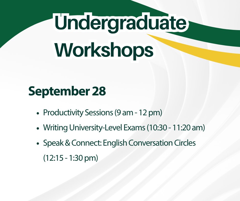 usasklibrary's tweet photo. Writing strategies, time management, exam prep, and more! Check out the USask Library's FREE undergraduate workshops! #UndergraduateWorkshops https://t.co/Ai708ORtli