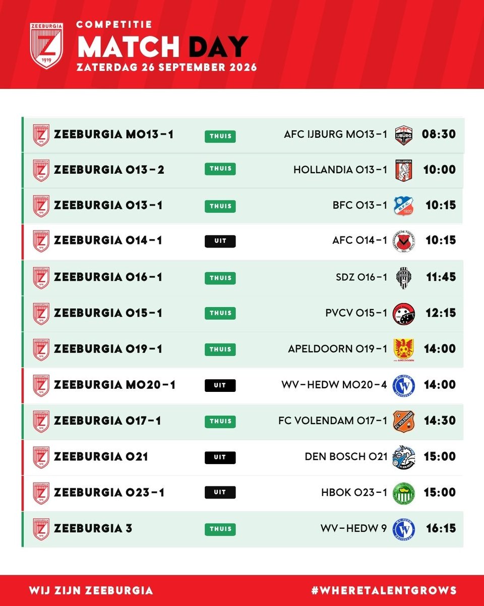 AVVZeeburgia's tweet photo. β½ MATCHDAY!π΄ βͺ
De Zeeburgia teams maken zich klaar voor een nieuwe zaterdag vol voetbal!β½ π₯
Van de eerste aftrap tot het laatste fluitsignaal: alles geven voor rood-wit.
β β β
#wijzinzeeburgia #wheretalentgrows https://t.co/qFbcniubhP
