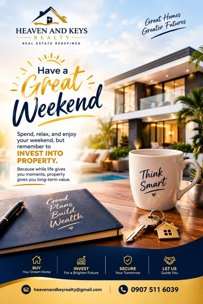 nonsoigboh's tweet photo. Have a great weekend! 🏡✨
Spend. Enjoy. Relax. But don’t forget to think beyond today. Smart people enjoy life while building tomorrow. 🔑💰 Invest in property.
#RealEstateNigeria #PropertyInvestment  #InvestSmart
#HeavenAndKeysRealty #PropertyInvestment #RealEstateRedefined https://t.co/3ou4N0SBEM