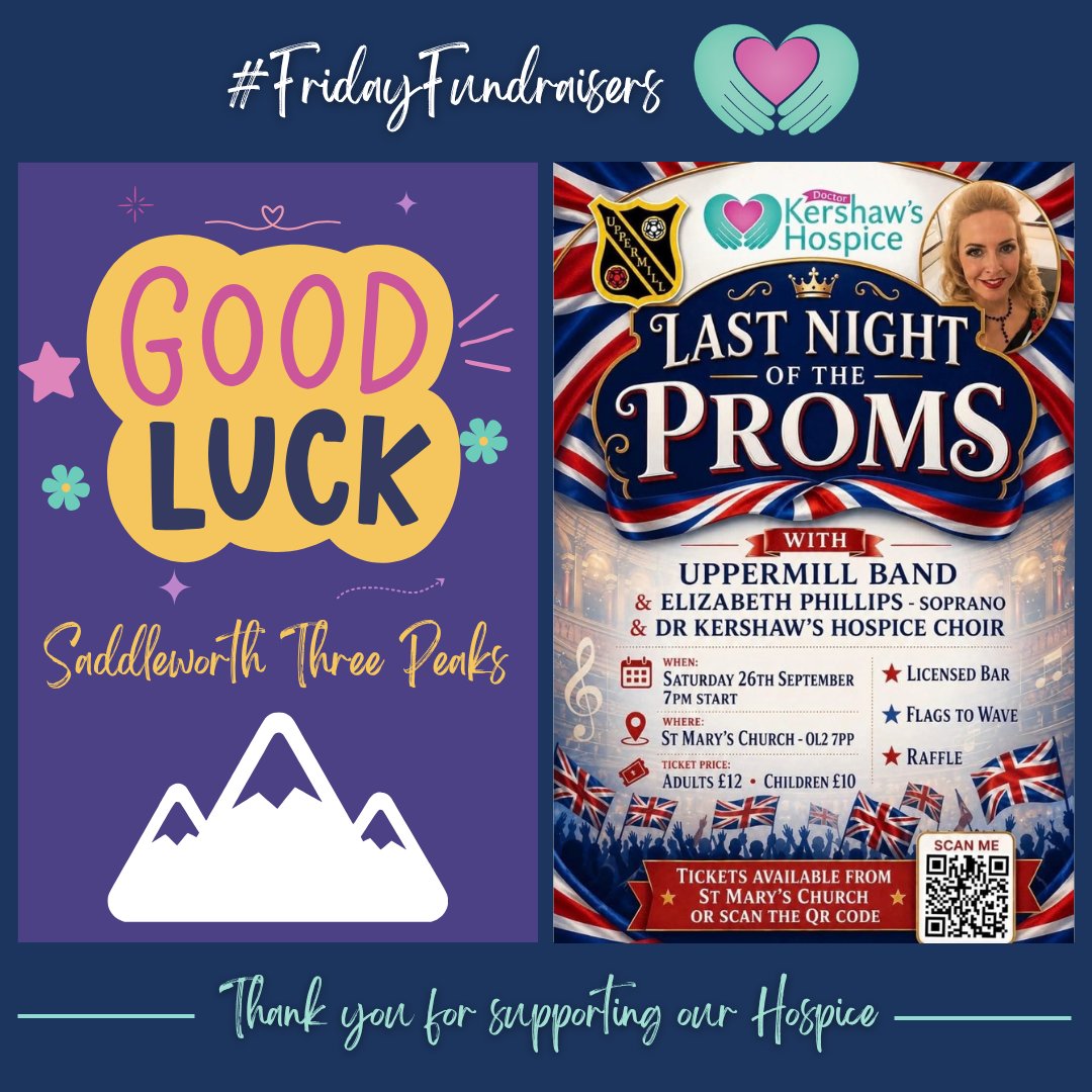 KershawsHospice's tweet photo. #FundraisingFriday 💜
Good luck to 36 colleagues, friends & family from Pearson Solicitors and Albion House Wealth Management taking on the Saddleworth 3 Peaks tomorrow in memory of Claire. ⛰️
Enjoy Last Night at the Proms at St Mary’s from 7pm, featuring our Hospice Choir! 🎶 https://t.co/3Y2HEwSlud