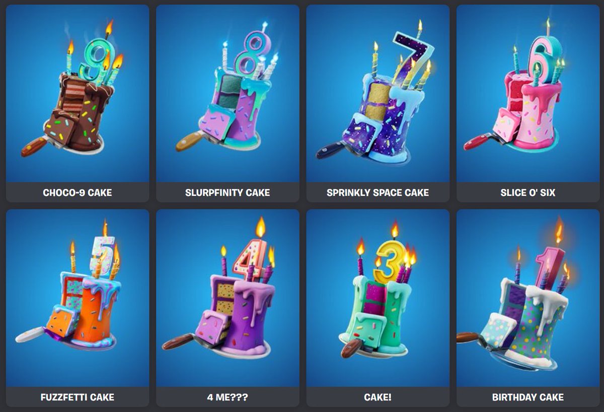 FireMonkey's tweet photo. Still not over the fact that Epic Games never gave us a Cake Back Bling for Fortnite's 2nd Birthday but they did for EVERY other year https://t.co/xE3VyMhX2y
