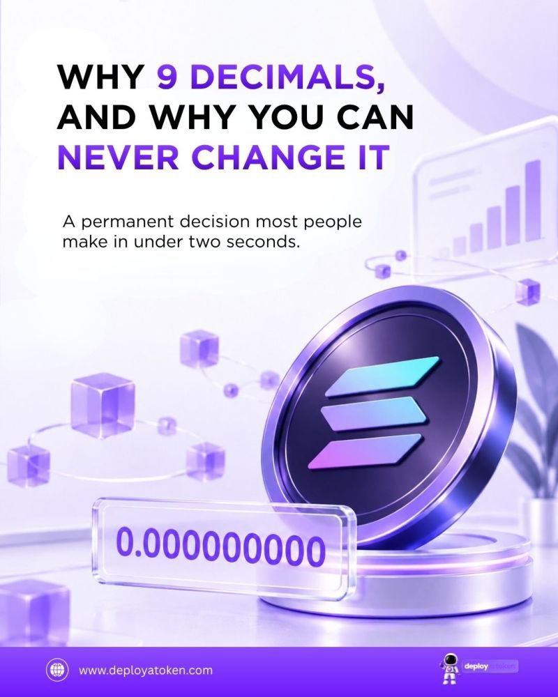 DesiToshi's tweet photo. ⚠️ Decimals are permanent. Choose carefully.

On Solana, 9 decimals means your token can be divided into 1 billion base units. 🧮

0 decimals? ❌ No fractional tokens.
18 decimals? ⚠️ Non-standard on Solana.
9 decimals? 🟣 The common convention.

Decimals affect divisibility—not total supply.

🔒 No edit button. No simple fix.

👉 https://t.co/kxksbNiv7Y

#DeployAToken #Solana #SPLToken #Web3 #Crypto #Blockchain #TokenCreation #TokenLaunch #SolanaEcosystem #DeFi #TokenCreator #CryptoEducation #Web3Education #CryptoTools #Web3Tools #BlockchainTechnology #OnChain #DYOR