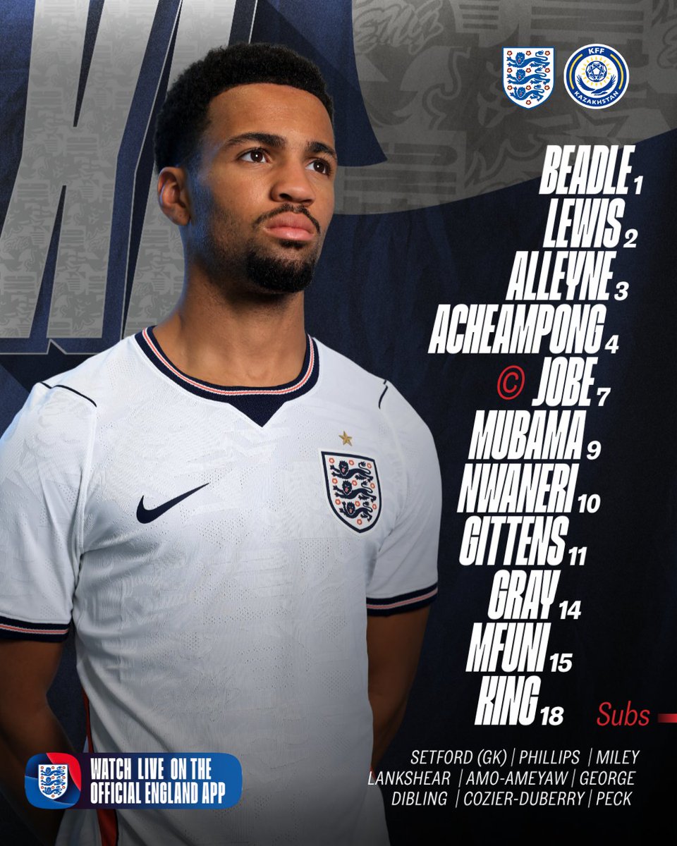 England's tweet photo. Our U21 #YoungLions team to take on Kazakhstan! 🦁

Watch the match LIVE exclusively on the England app at 7.30pm (UK) 📲 https://t.co/dSDN0VOinx